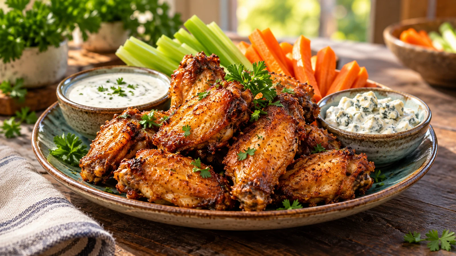 How long to cook chicken wings in air fryer, served with parsley, vegetable sticks, ranch, and blue-cheese dip.