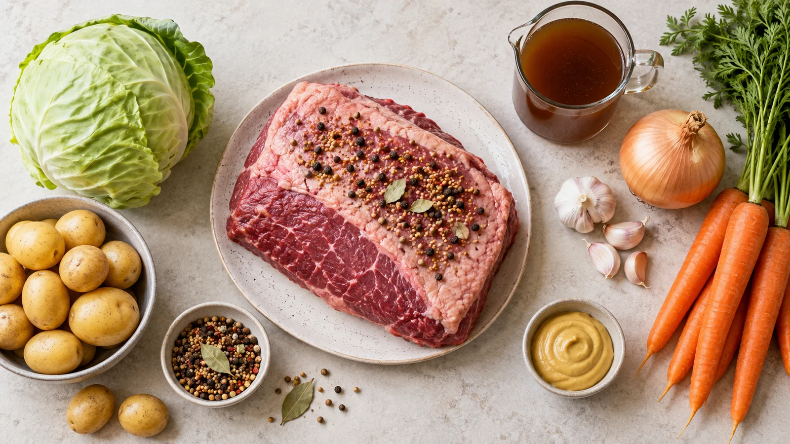 Instant pot corned beef and cabbage recipe: ingredients for instant pot corned beef and cabbage arranged in a bright, organized flat lay.