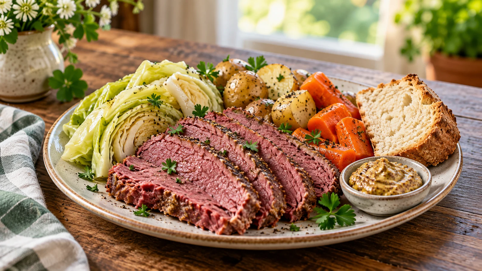 Instant pot corned beef and cabbage served with parsley, Dijon mustard and Irish soda bread.