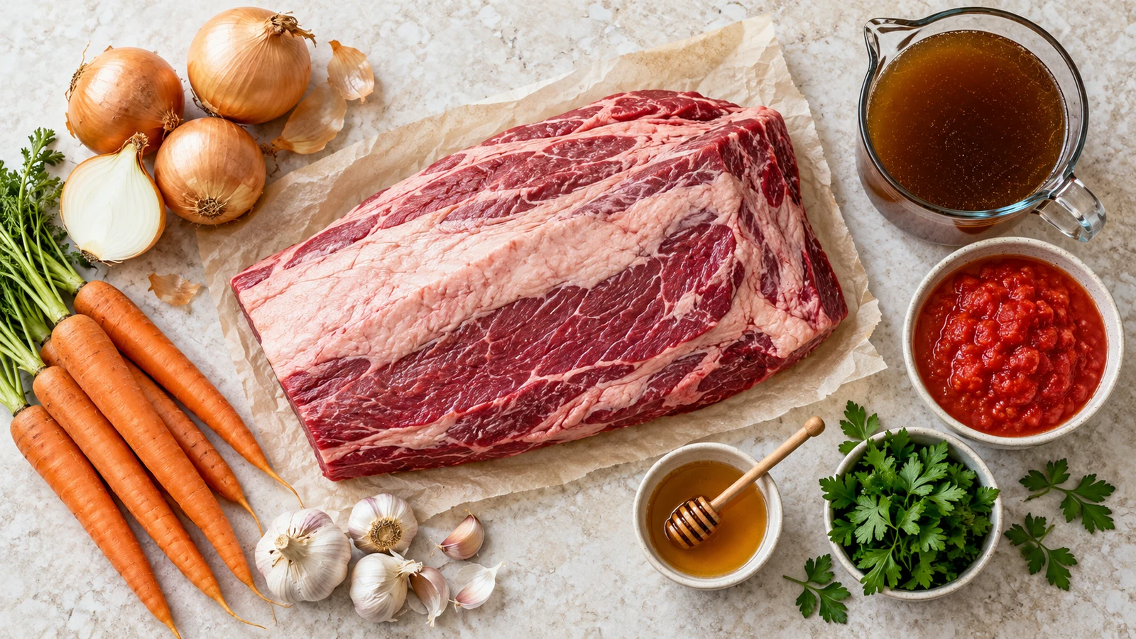Jewish beef brisket recipe: jewish beef brisket ingredients with onions, carrots, garlic, tomatoes, stock, honey, and parsley.
