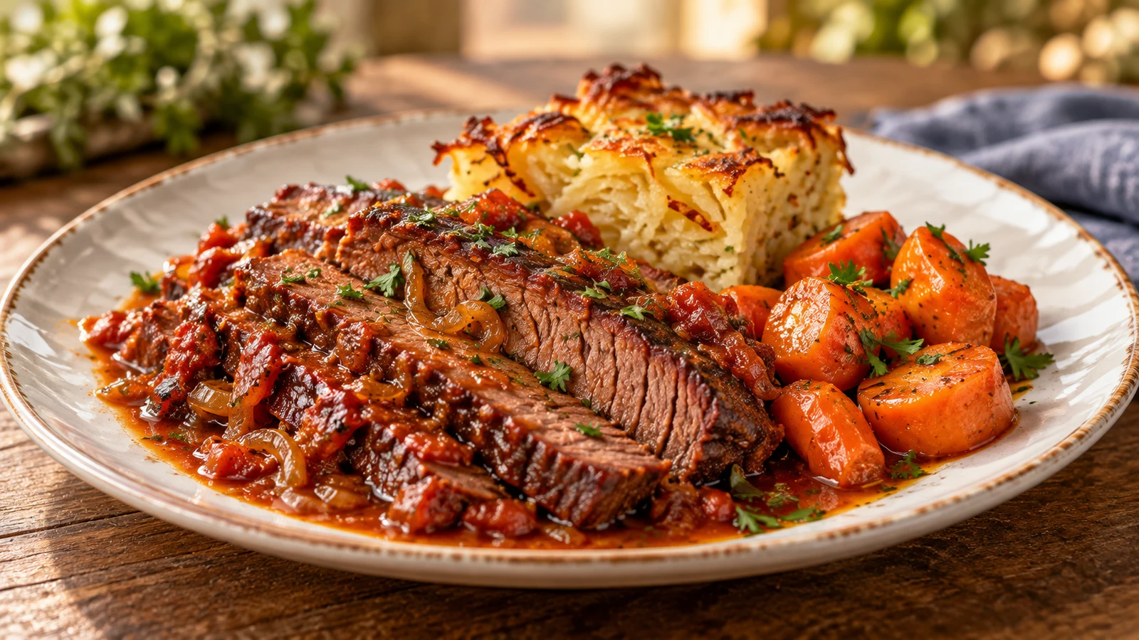 Jewish beef brisket served with golden potato kugel, glazed carrots, sauce, and fresh parsley.