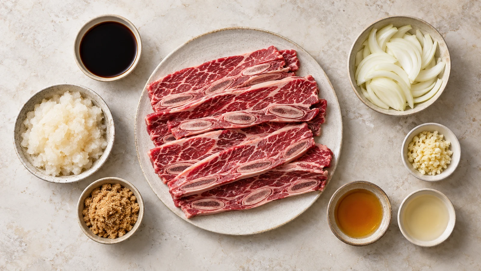 Korean beef short ribs recipe: ingredients for Korean beef short ribs arranged in bowls with pear, soy sauce, garlic, and onion.
