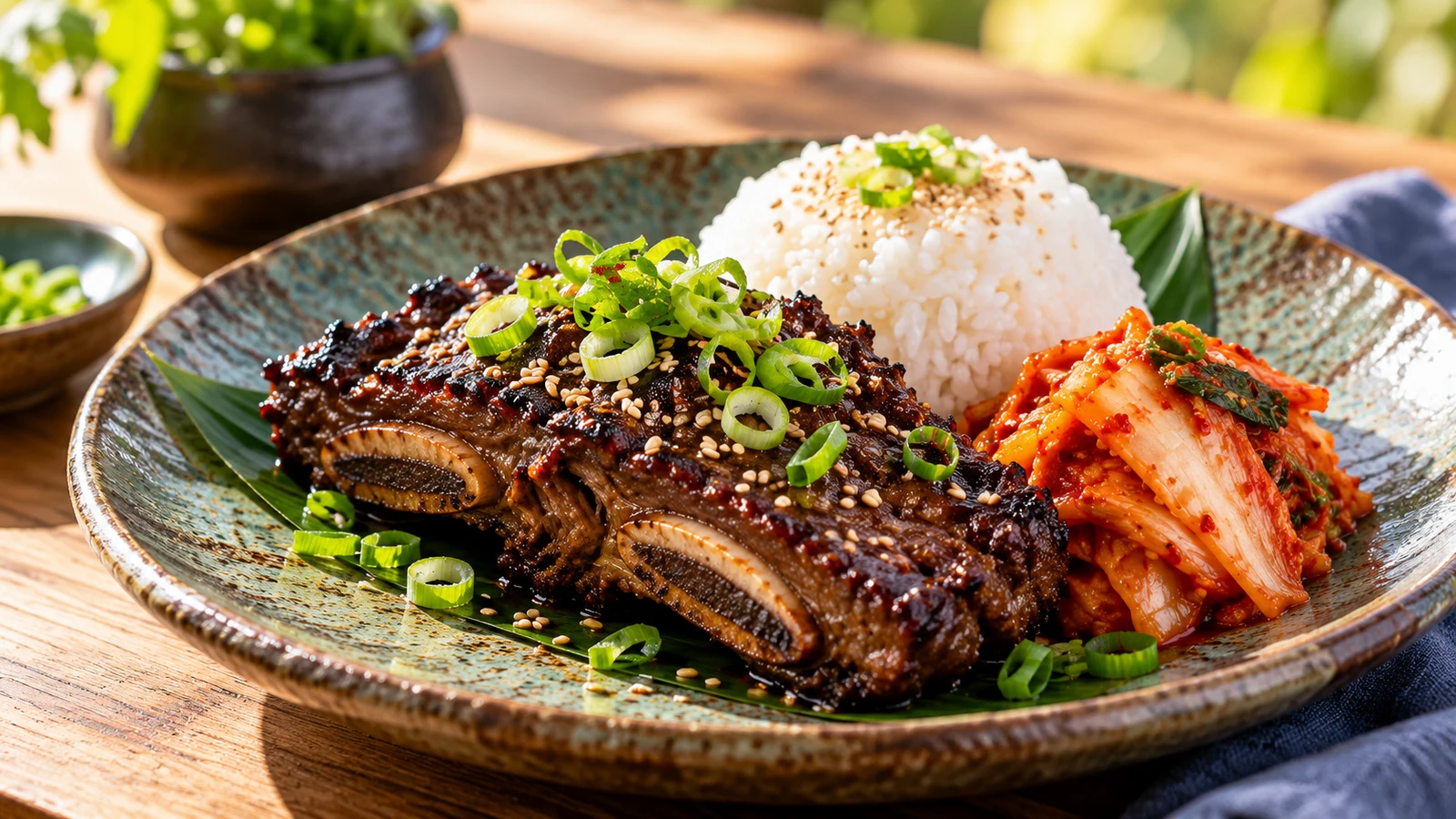 Korean beef short ribs served with steamed white rice, kimchi, scallions, and sesame seeds.