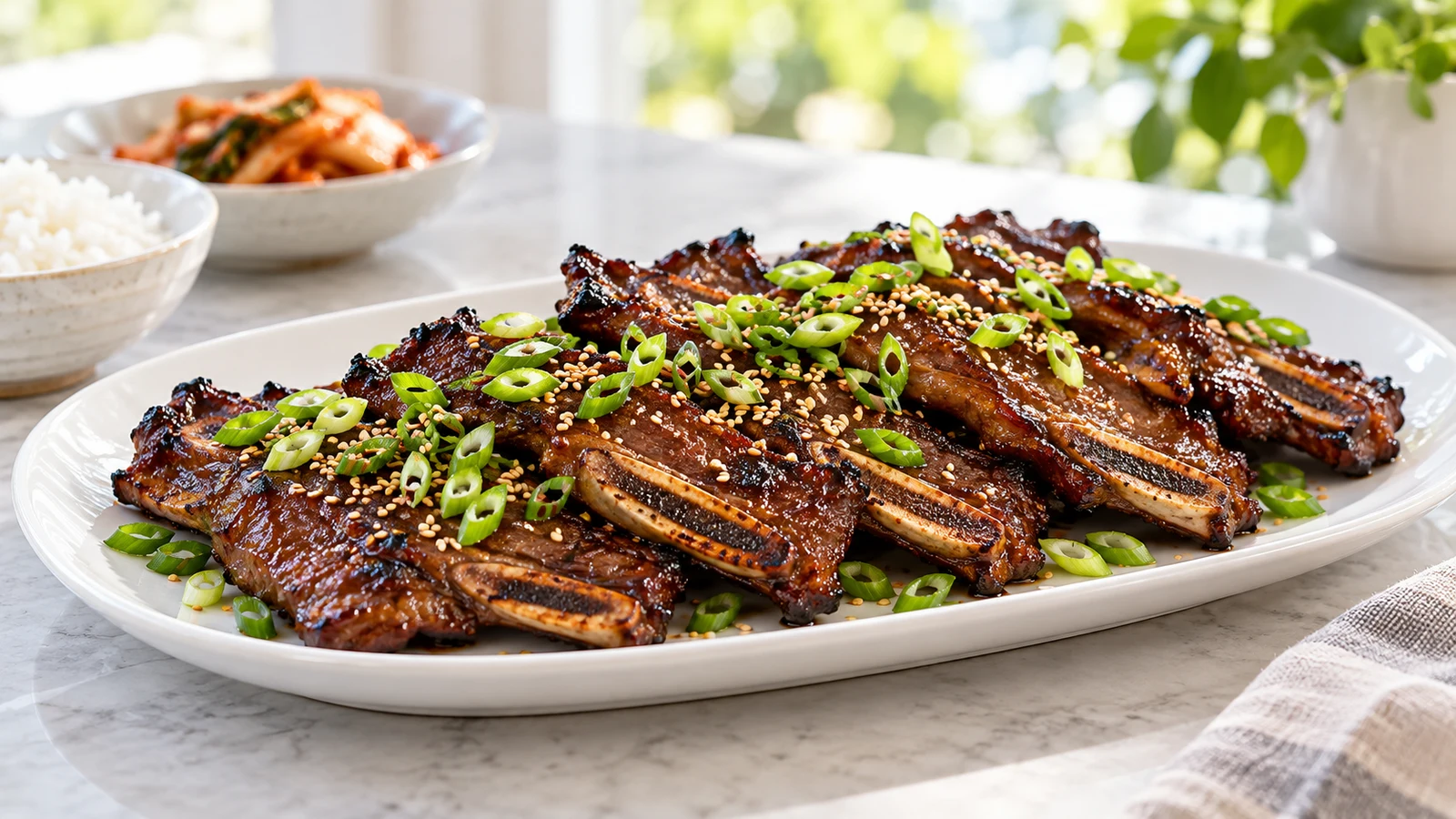 Korean beef short ribs with caramelized edges, scallions, and toasted sesame seeds on a white platter.
