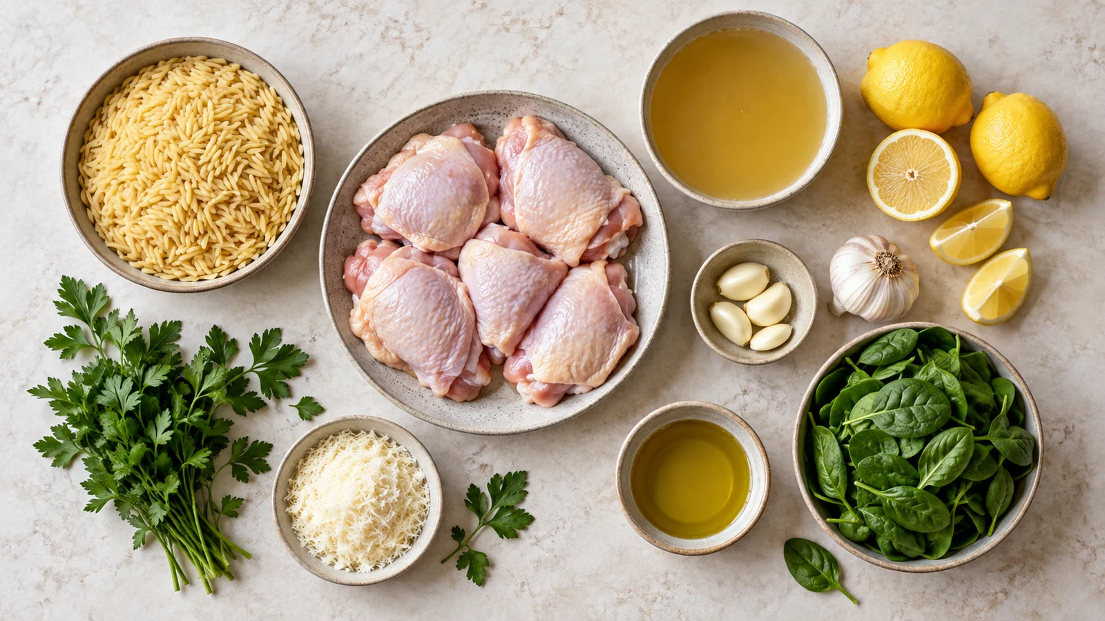 Lemon chicken orzo ingredients including chicken thighs, orzo, lemon, spinach, garlic, broth, and Parmesan.
