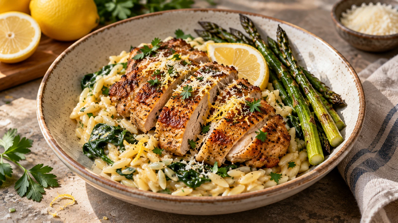 Lemon chicken orzo served with parsley, Parmesan, a lemon wedge, and roasted asparagus.