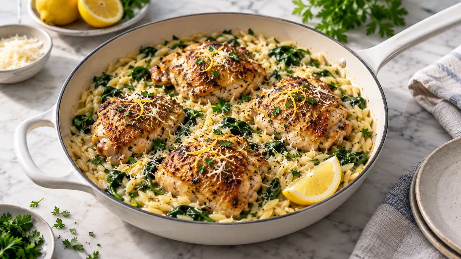 Lemon chicken orzo with golden chicken thighs, creamy Parmesan orzo, spinach, parsley, and lemon.