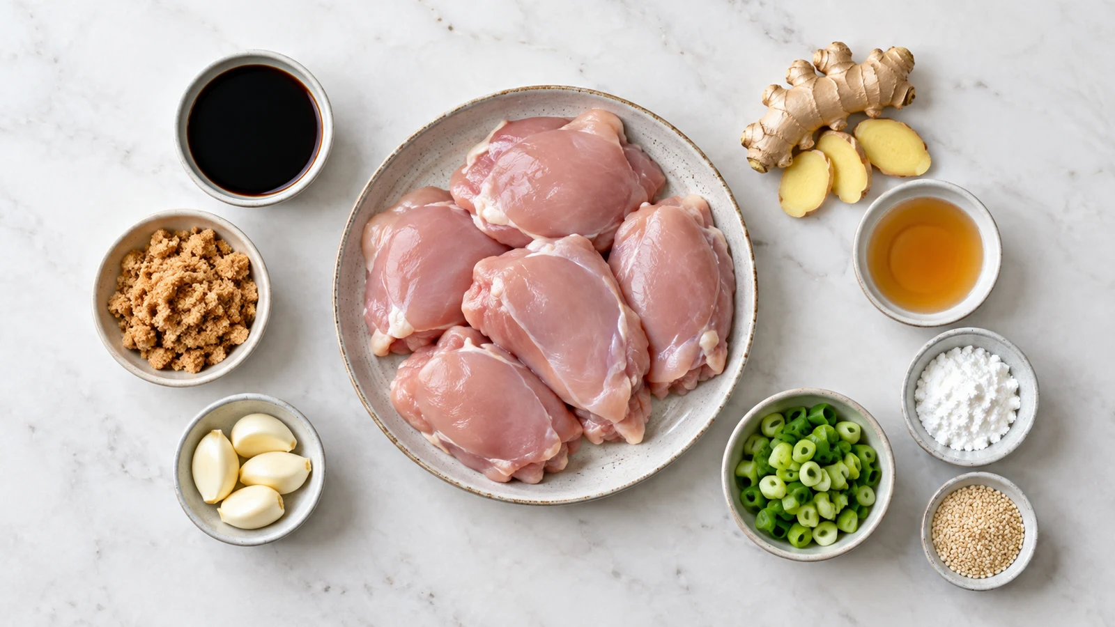 Mall bourbon chicken recipe: ingredients for mall bourbon chicken arranged in bowls with chicken thighs, soy sauce, ginger, garlic, and brown sugar.
