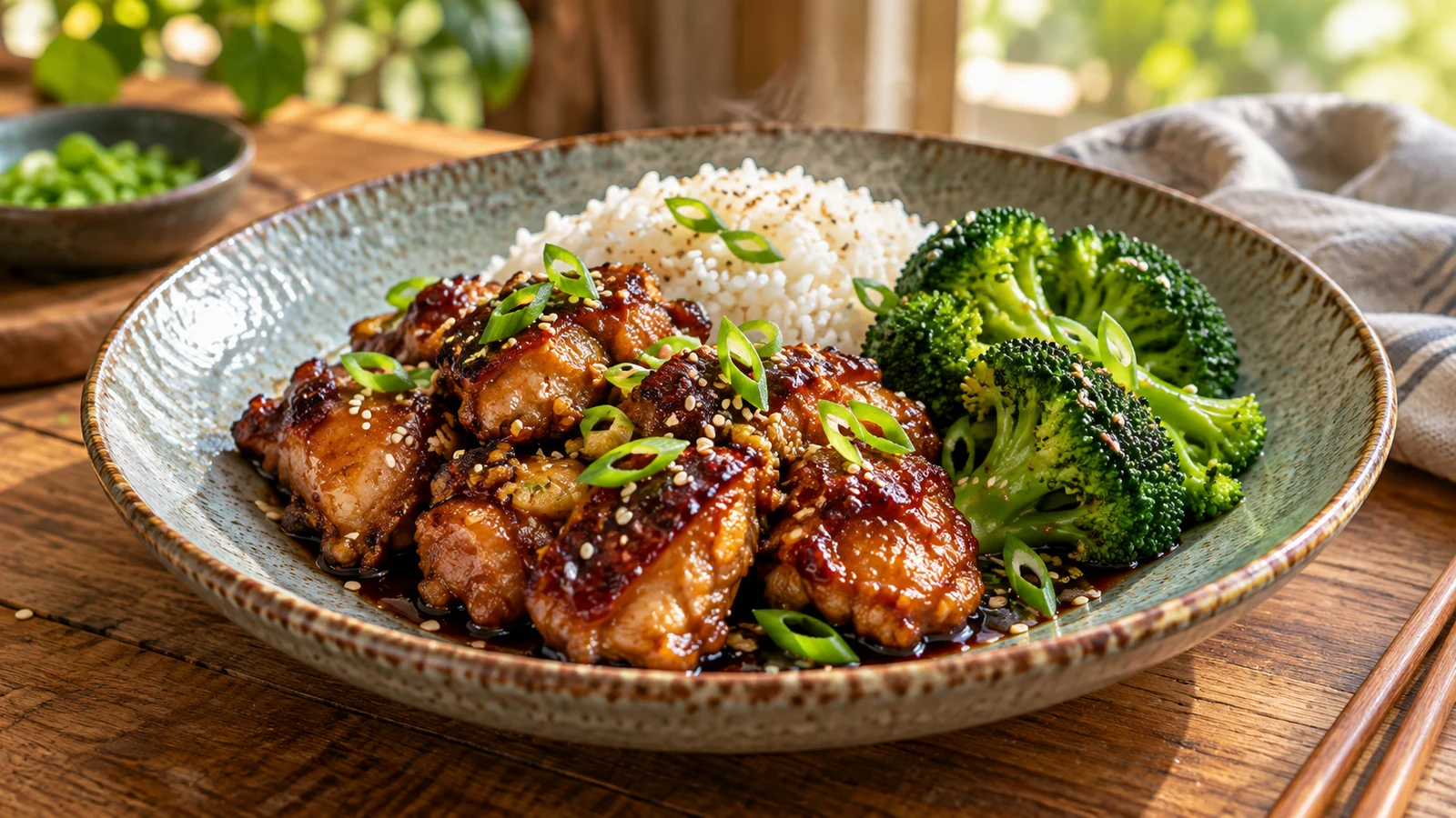 Individual serving of mall bourbon chicken with white rice, broccoli, sliced green onions, and sesame seeds.