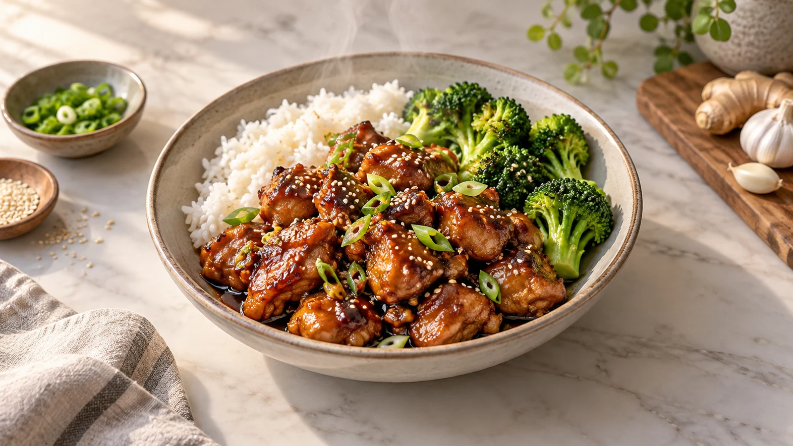 Mall bourbon chicken with glossy caramelized thighs, steamed rice, broccoli, green onions, and sesame seeds.