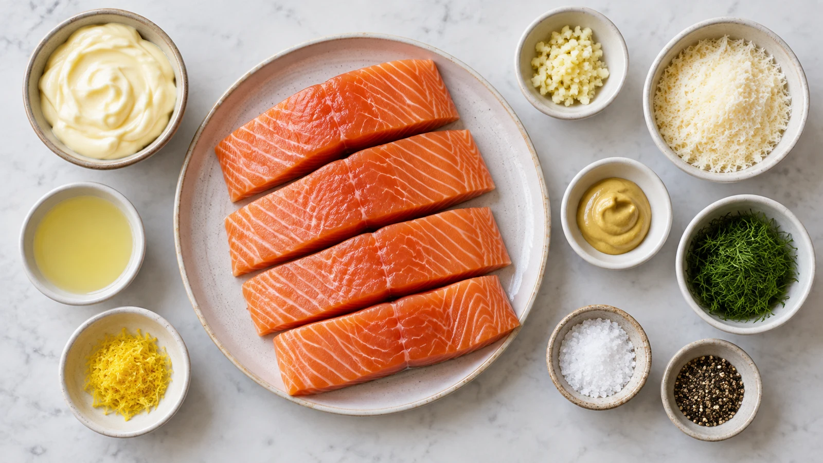 Mayonnaise baked salmon recipe: ingredients for mayonnaise baked salmon arranged neatly in bowls with salmon, lemon, garlic, Parmesan, and dill.