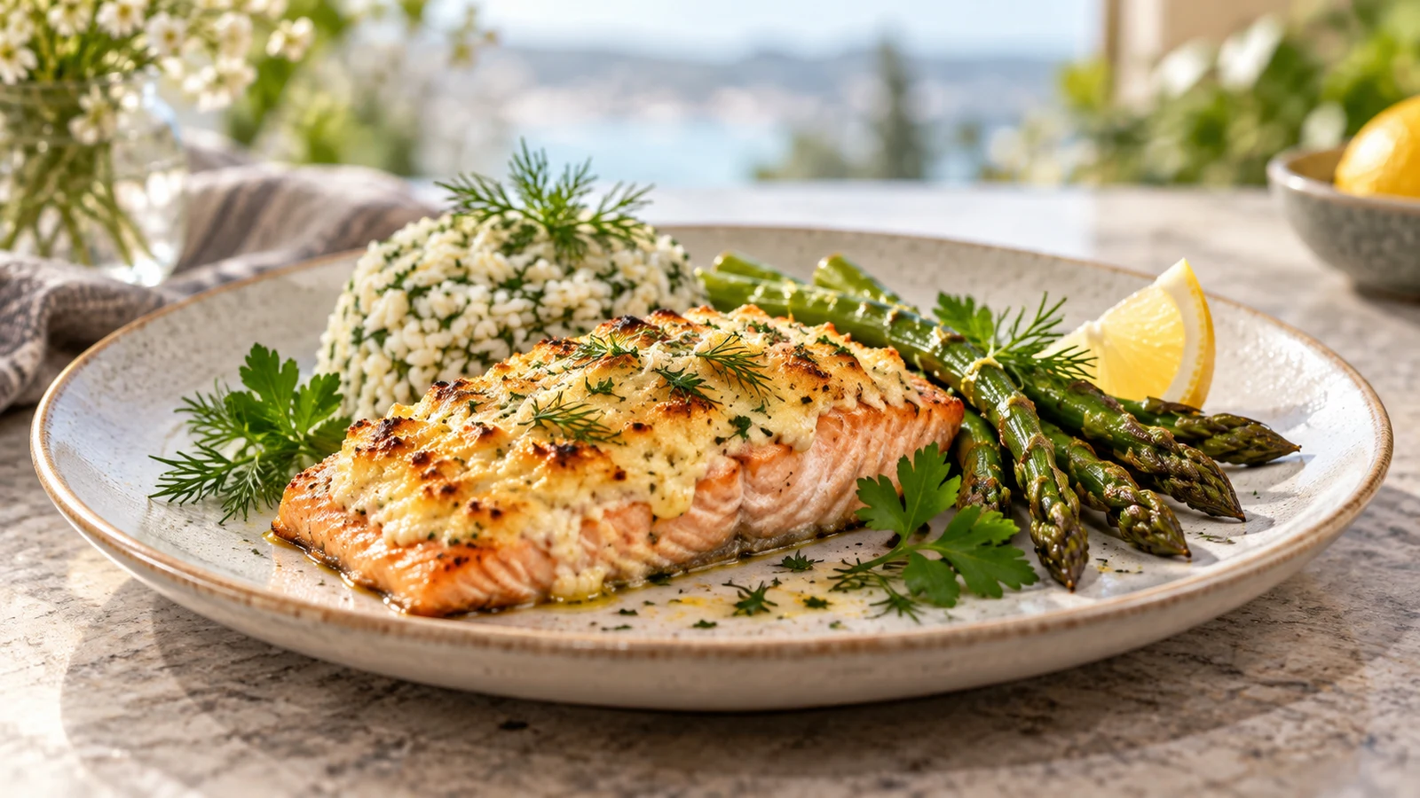 Mayonnaise baked salmon served with roasted asparagus, herbed rice, fresh herbs, and a lemon wedge.