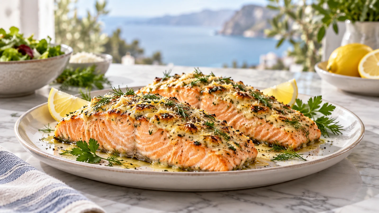 Mayonnaise baked salmon with a golden lemon-garlic Parmesan topping, fresh dill, parsley, and lemon wedges.