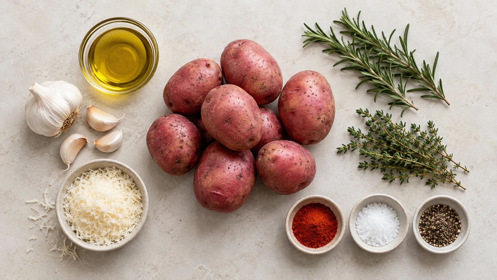 Oven roasted red potatoes recipe: ingredients for oven roasted red potatoes: potatoes, olive oil, garlic, herbs, Parmesan and spices.