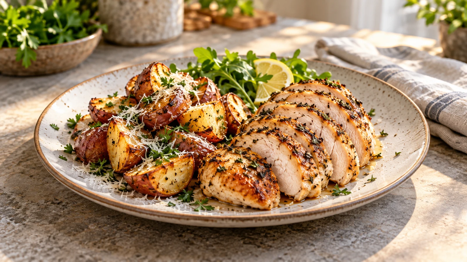 Oven roasted red potatoes served with roast chicken, chopped parsley and extra Parmesan.