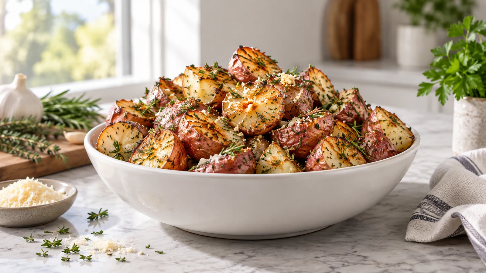 Oven roasted red potatoes with crisp golden edges, garlic, herbs, Parmesan and parsley.