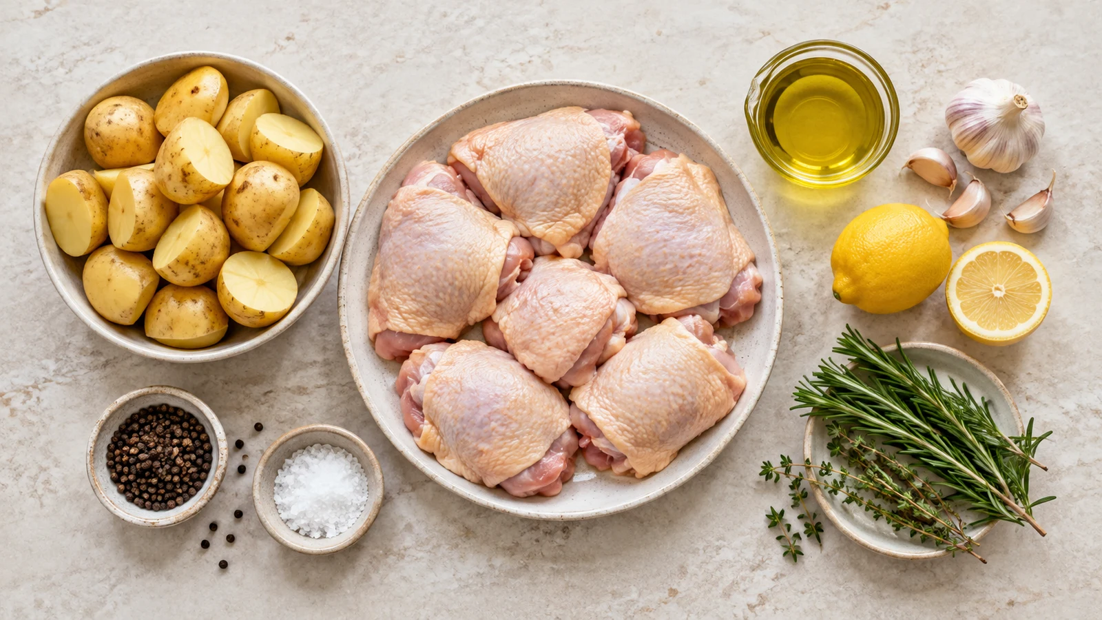 Roast chicken and potatoes recipe: roast chicken and potatoes ingredients with chicken thighs, Yukon Golds, garlic, lemon, herbs, oil, and pepper.