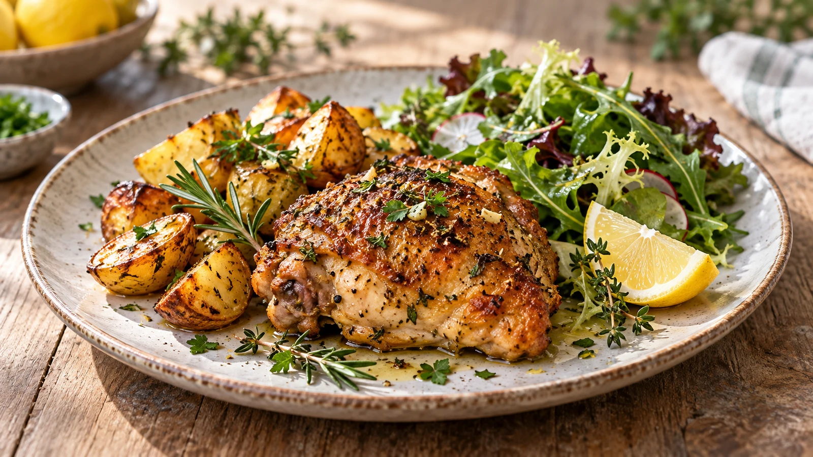 Roast chicken and potatoes served with rosemary, parsley, lemon wedges, and a lightly dressed mixed green salad.