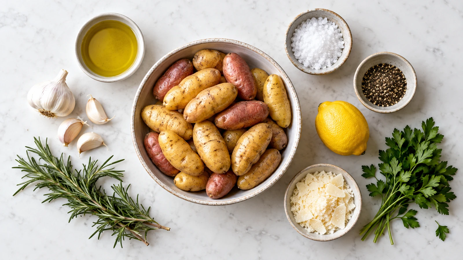 Roasted fingerling potatoes recipe: ingredients for roasted fingerling potatoes arranged in a bright, organized flat lay.