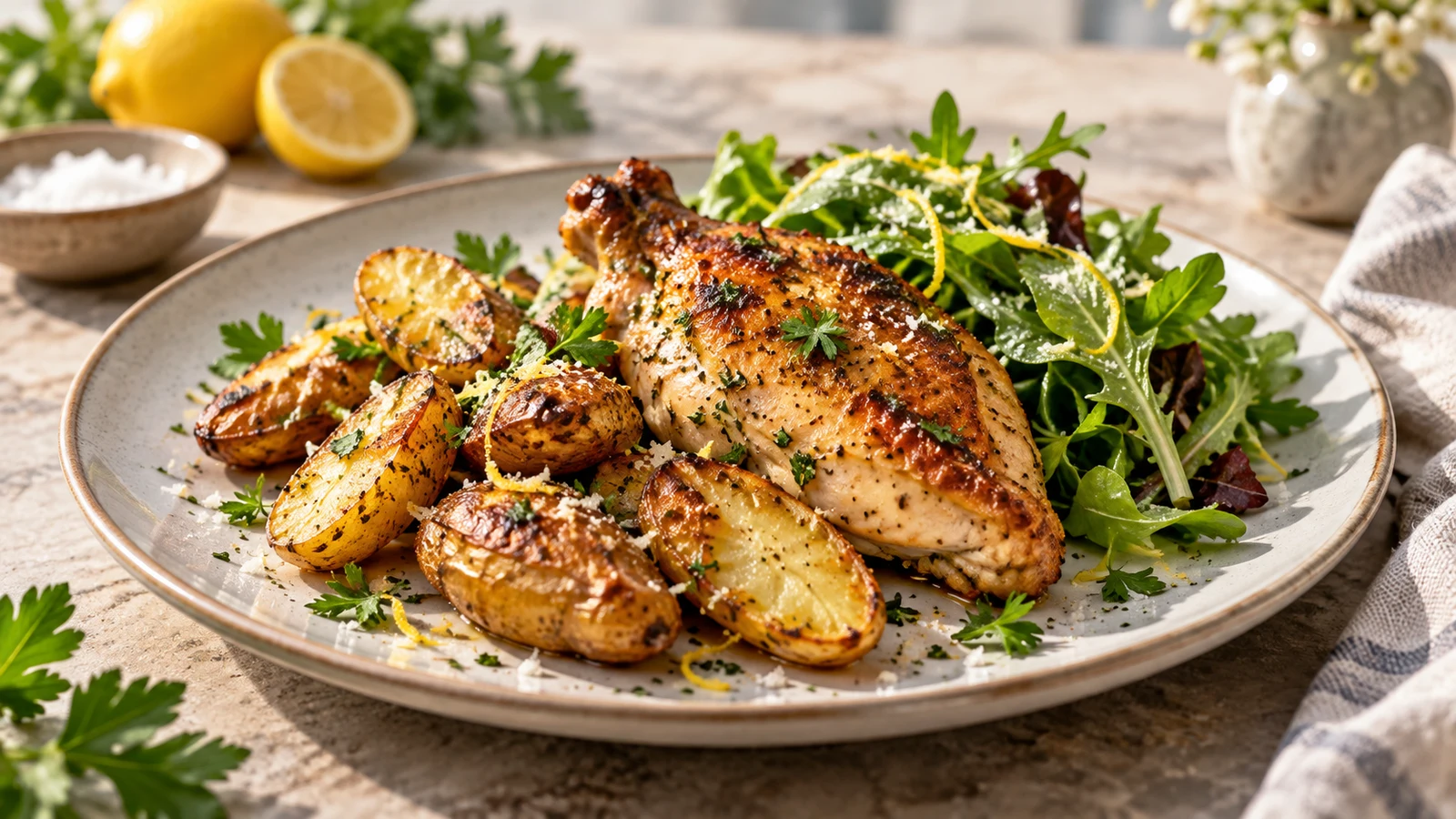 Roasted fingerling potatoes served with roast chicken and green salad, finished with parsley and lemon.