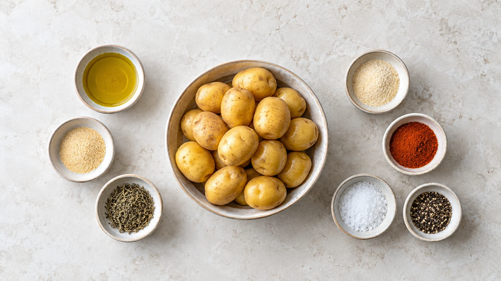 Roasted mini potatoes recipe: ingredients for roasted mini potatoes arranged in bowls with seasonings and olive oil.