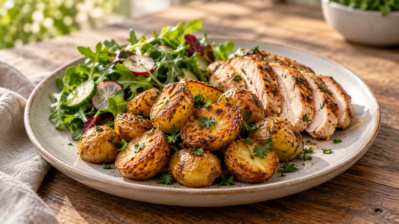 Roasted mini potatoes served with parsley, sliced roast chicken, and a fresh green salad.