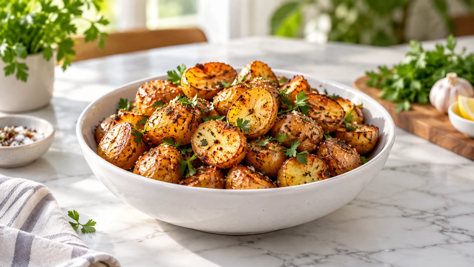 Crispy roasted mini potatoes with golden edges and fresh parsley in a white serving bowl.
