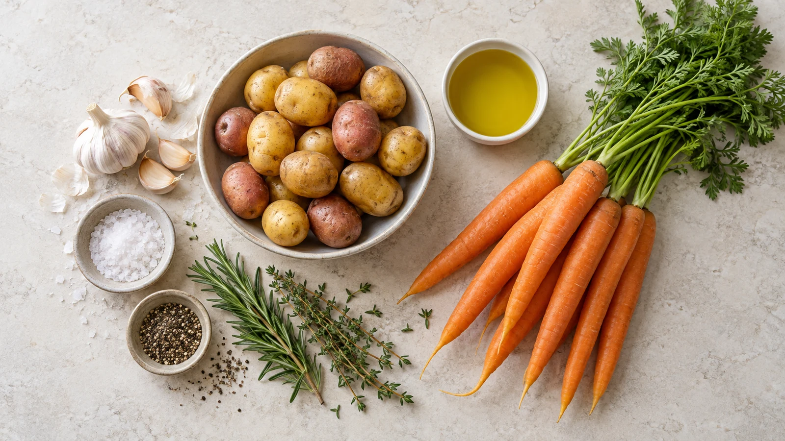 Roasted potatoes and carrots recipe: ingredients for roasted potatoes and carrots arranged in a bright, organized flat lay.