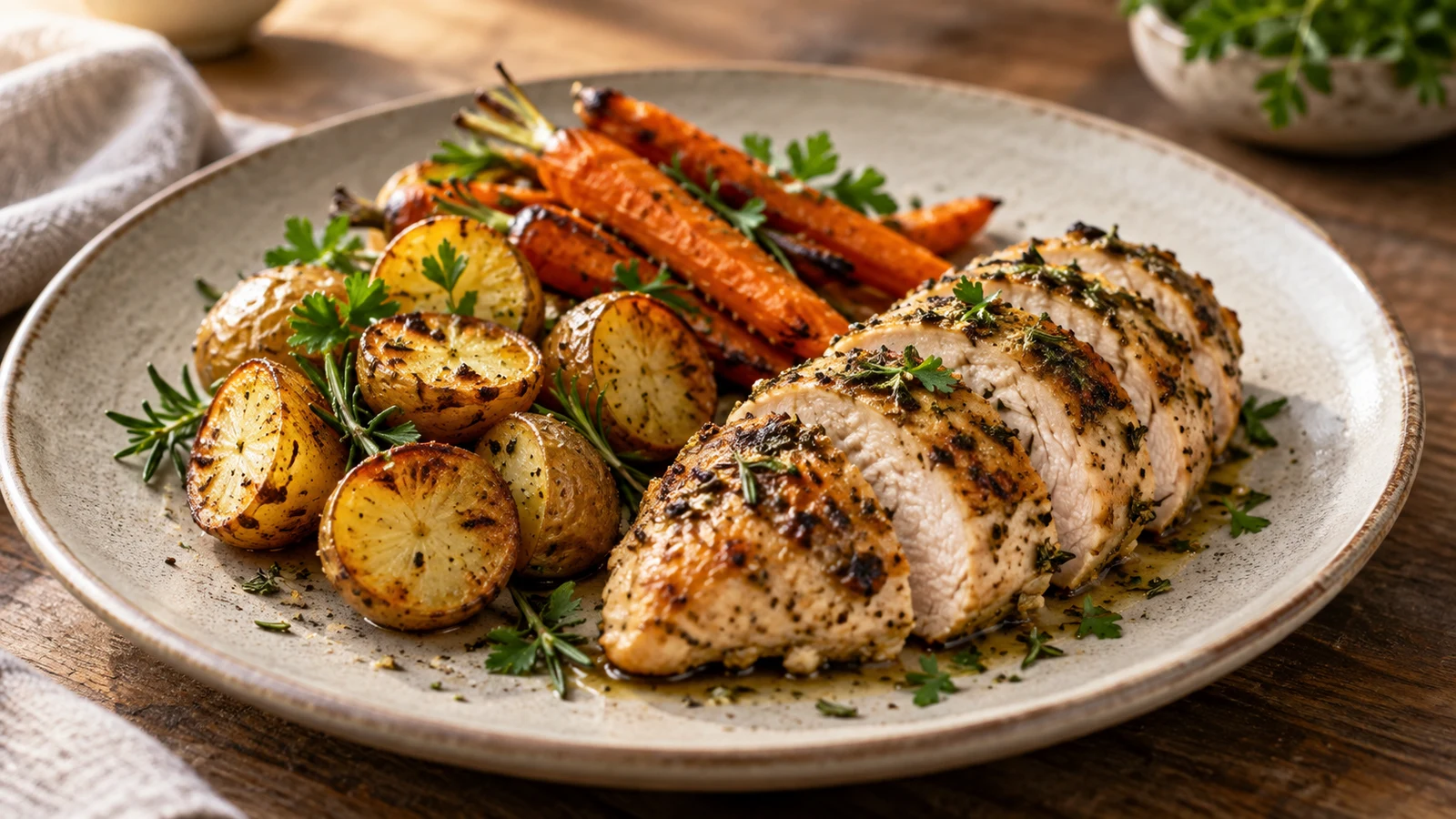Roasted potatoes and carrots served with sliced herb-roasted chicken and fresh parsley.