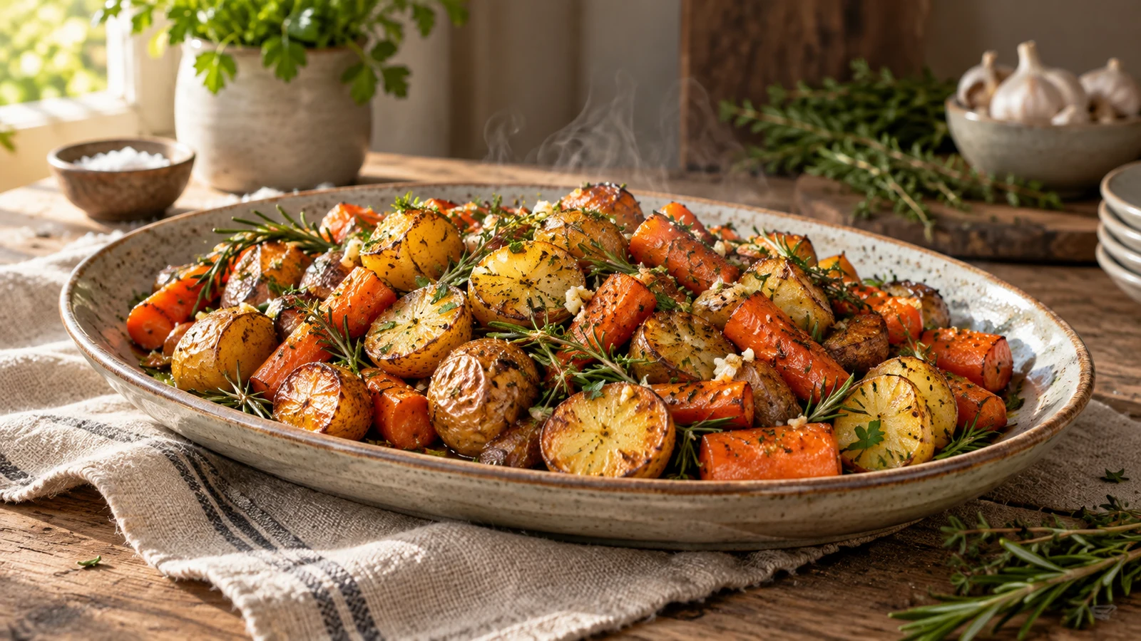 Roasted potatoes and carrots with crisp edges, fresh herbs, and gentle steam on a ceramic platter.