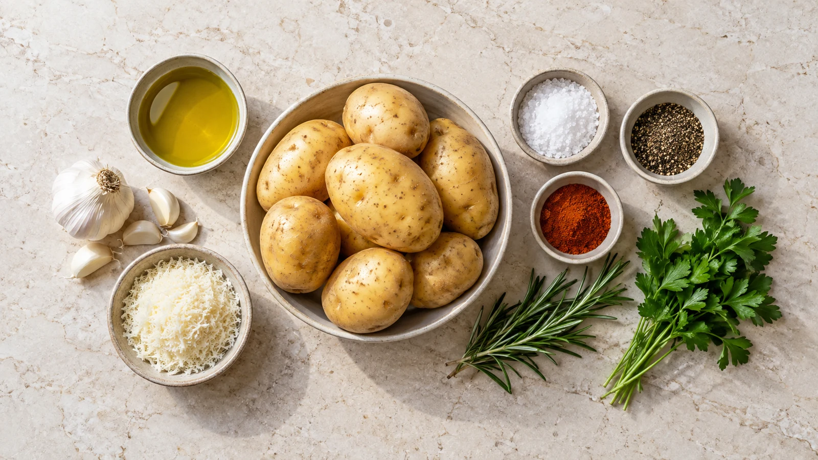 Roasted yukon gold potatoes recipe: ingredients for roasted Yukon Gold potatoes arranged in a bright, organized flat lay.