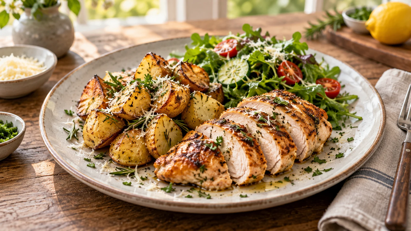 Roasted Yukon Gold potatoes served with sliced roast chicken and a fresh green salad.