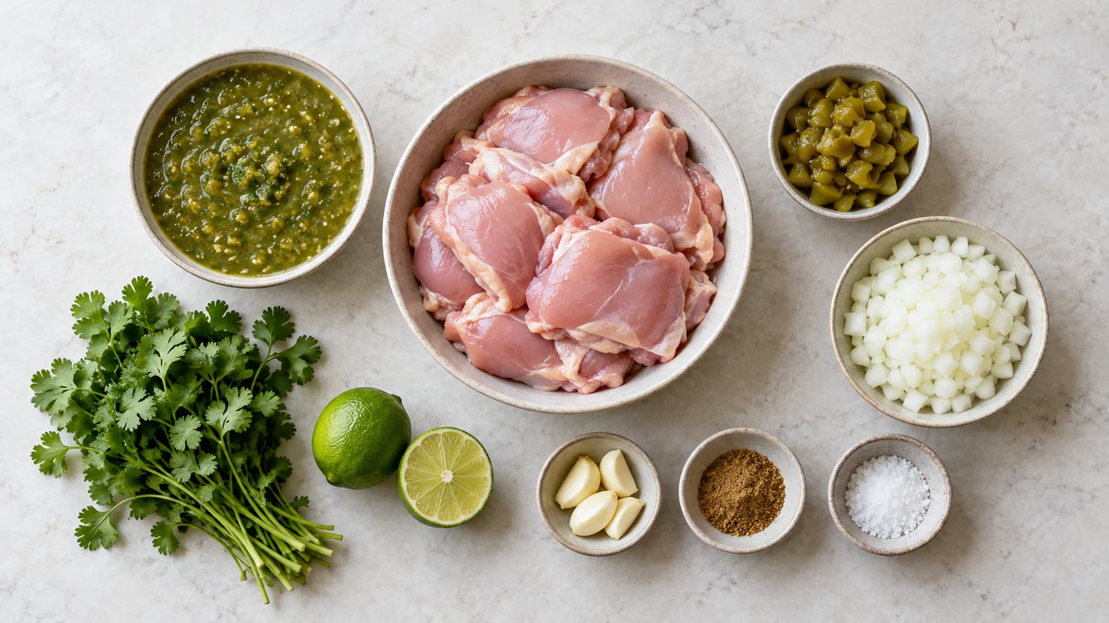 Salsa verde chicken crockpot recipe: ingredients for salsa verde chicken crockpot, including chicken, salsa verde, green chiles, lime, and cilantro.