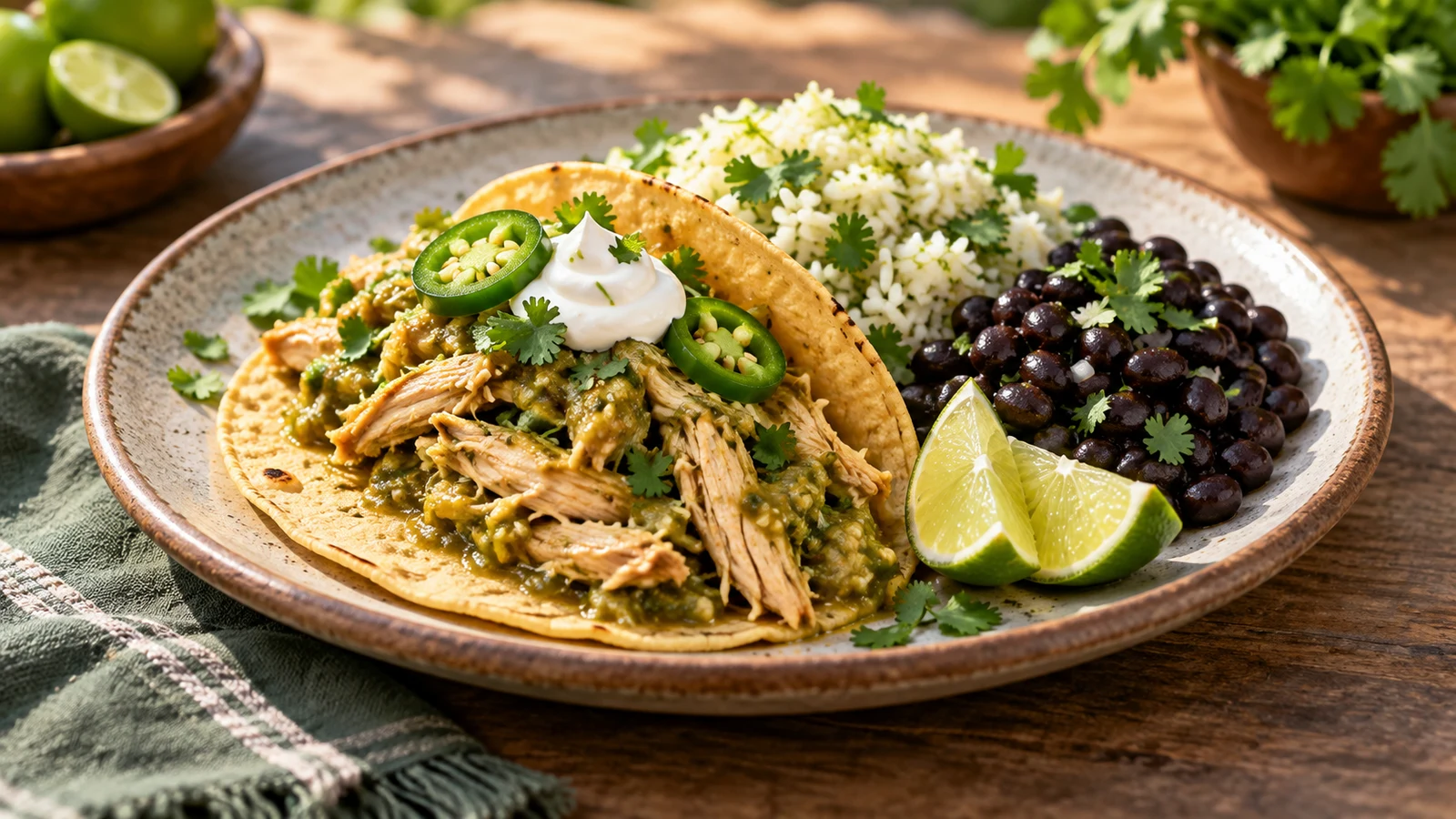 Salsa verde chicken crockpot served in corn tortillas with cilantro-lime rice, black beans, and fresh garnishes.