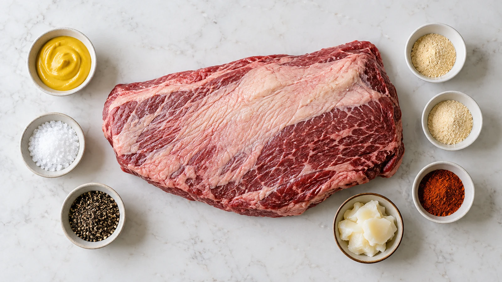 Smoked beef brisket recipe: smoked beef brisket ingredients arranged with mustard, seasonings, and beef tallow on a light surface.