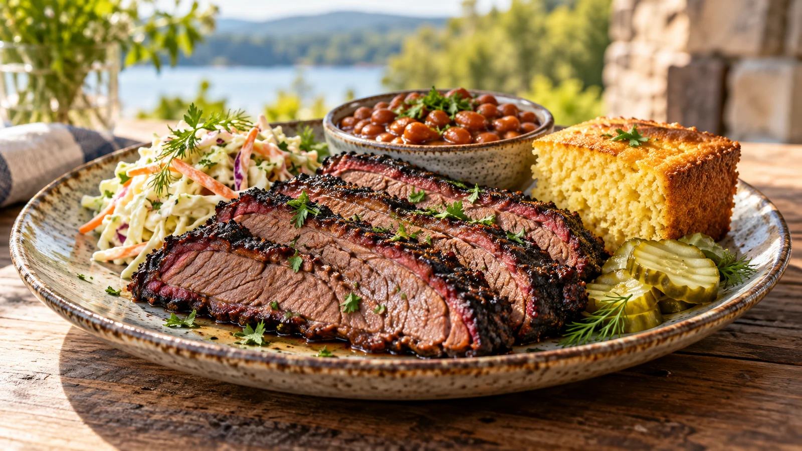 Smoked beef brisket served with creamy coleslaw, baked beans, golden cornbread, parsley, and dill pickles.