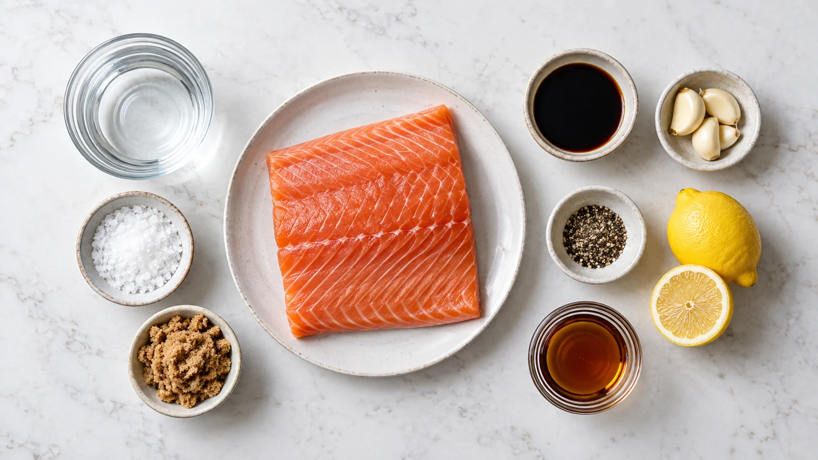 Smoked salmon brine recipe: smoked salmon brine ingredients with salmon, salt, brown sugar, soy sauce, garlic, lemon and maple syrup.