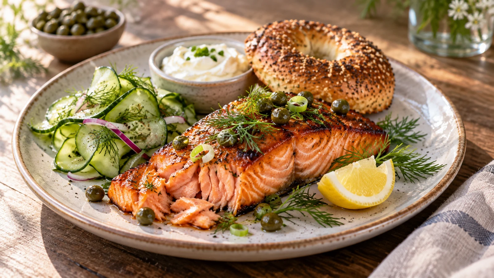 Smoked salmon brine served with dill, capers, lemon, toasted bagel, cream cheese and cucumber salad.