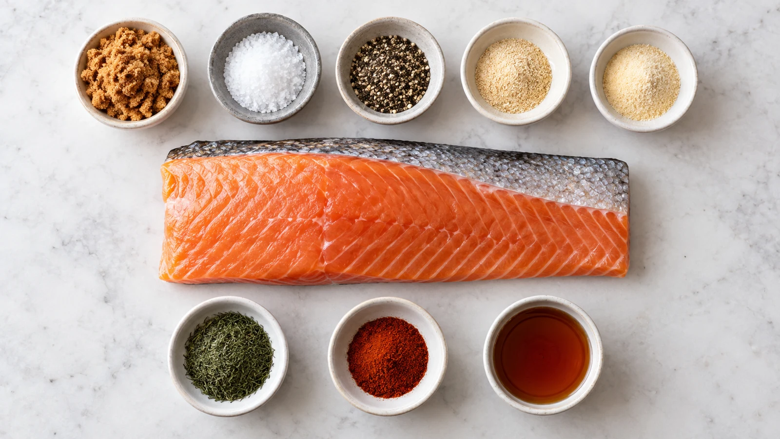 Smoked salmon dry brine recipe: smoked salmon dry brine ingredients arranged in a bright, organized flat lay.