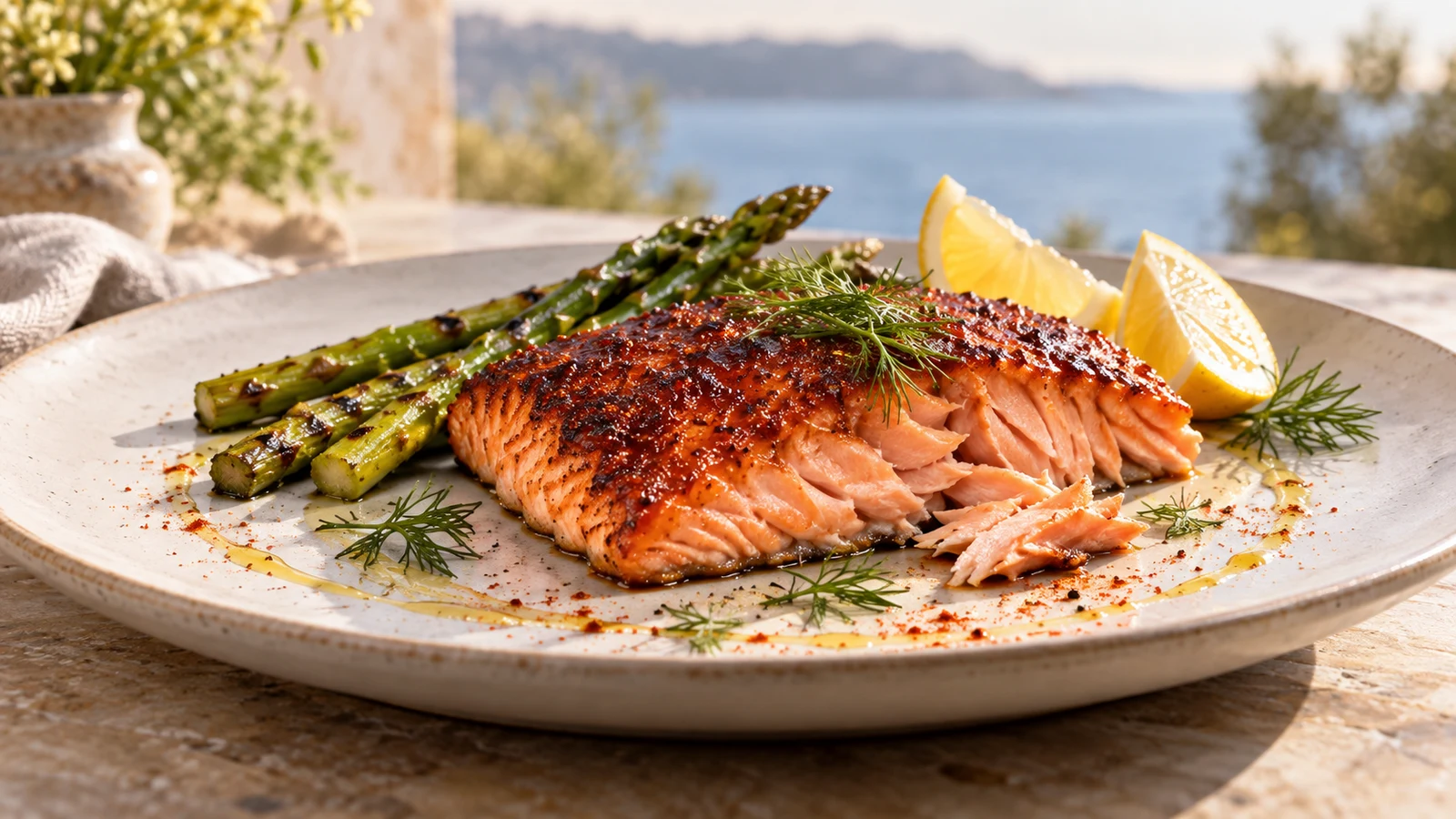 Smoked salmon dry brine portion served with grilled asparagus, fresh dill, and lemon.