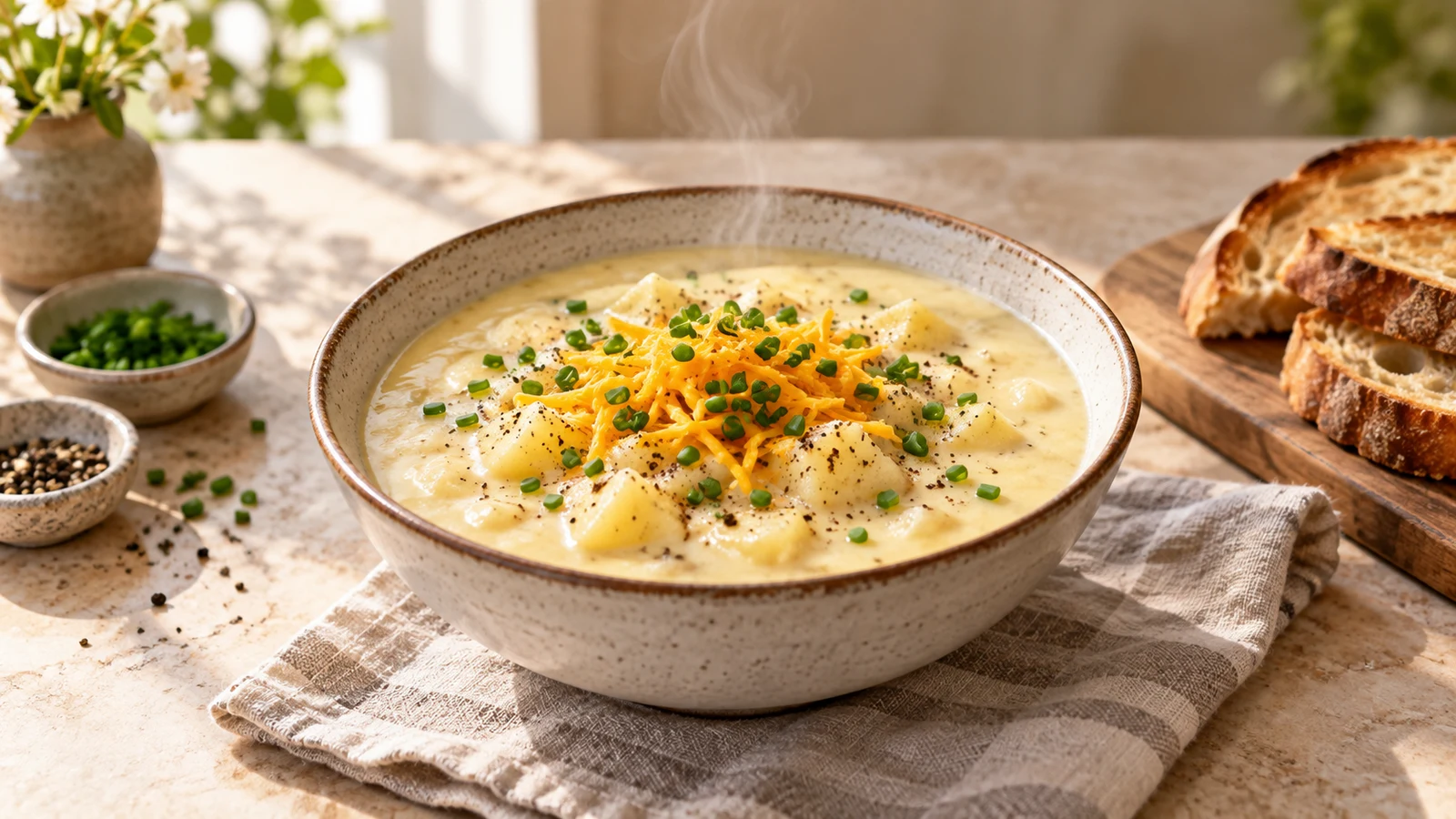 Soup recipes with bacon and potatoes plated and served