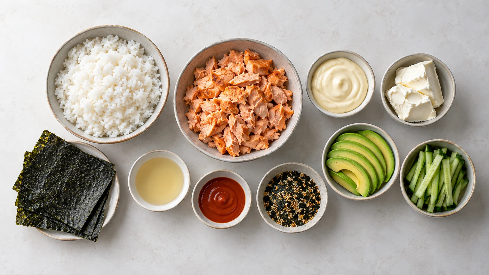 Ingredients for sushi bake recipe salmon arranged in bowls with rice, salmon, cream cheese, nori, and vegetables.