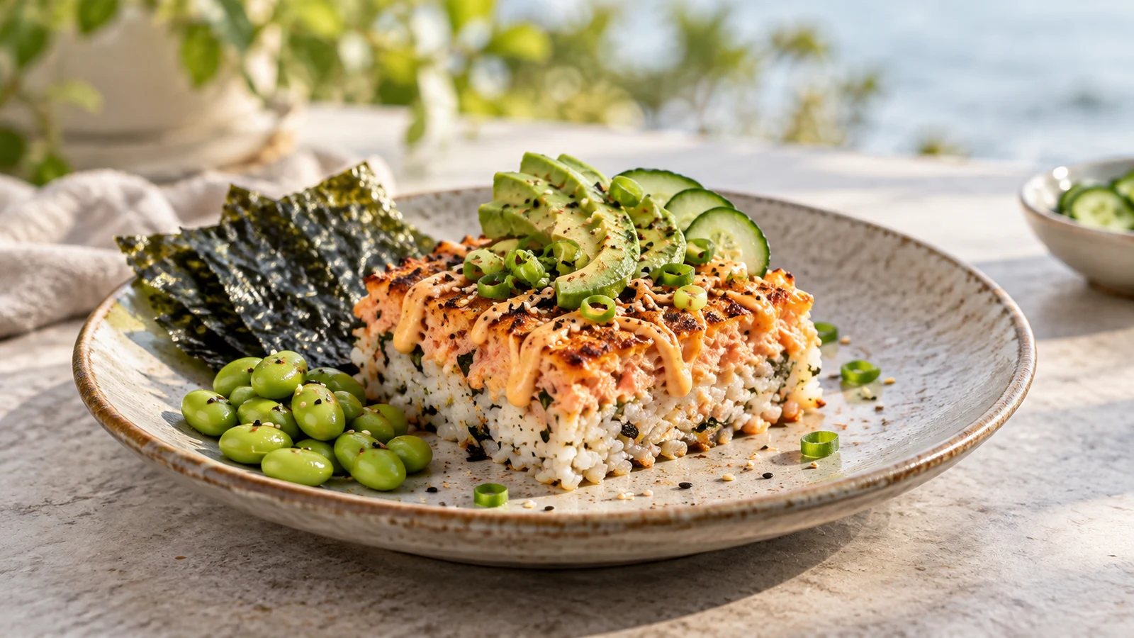 Sushi bake recipe salmon plated with spicy mayo, avocado, cucumber, crisp nori, and edamame.