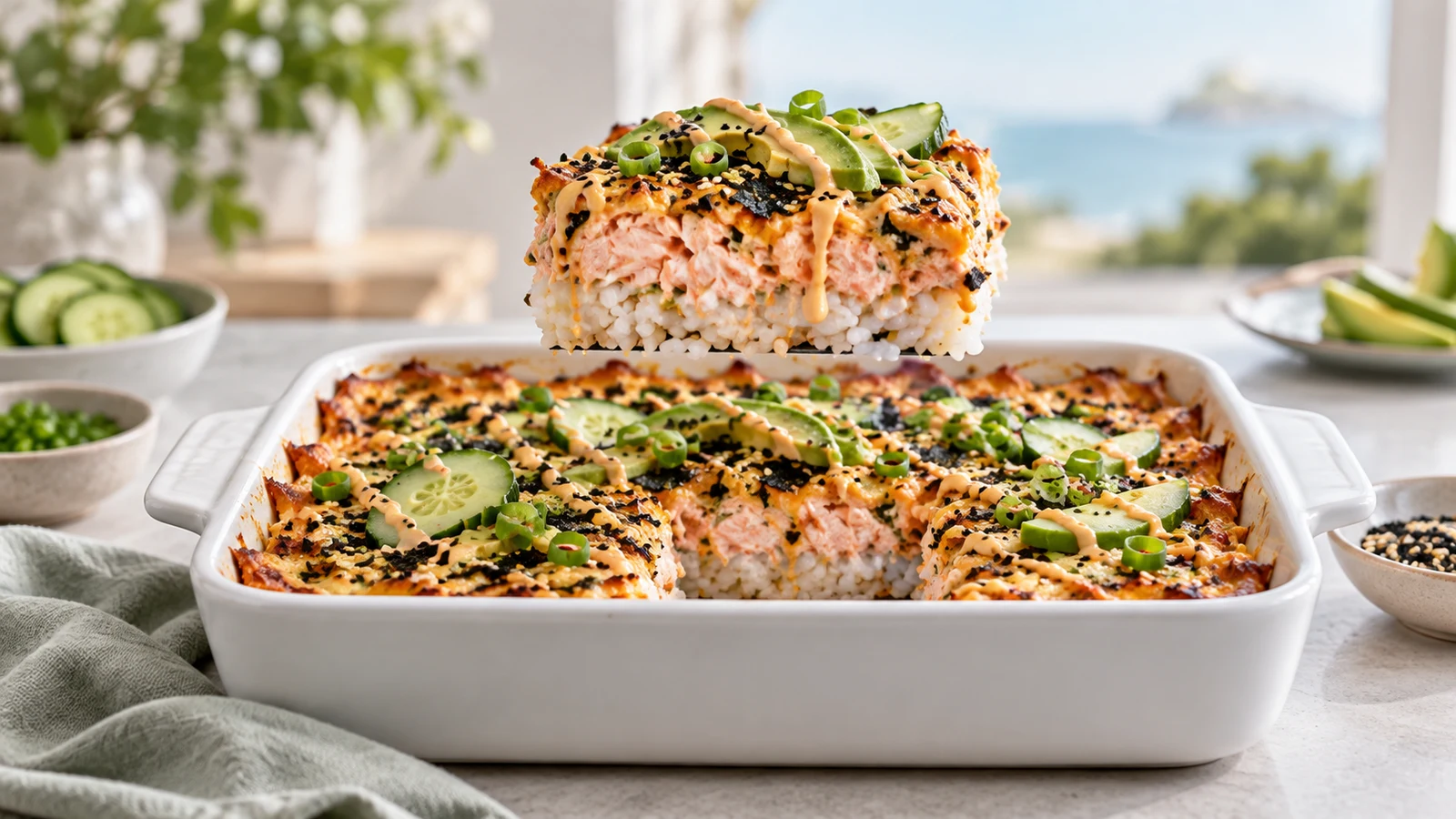 Sushi bake recipe salmon with a lifted serving showing creamy salmon, seasoned rice, and browned edges.