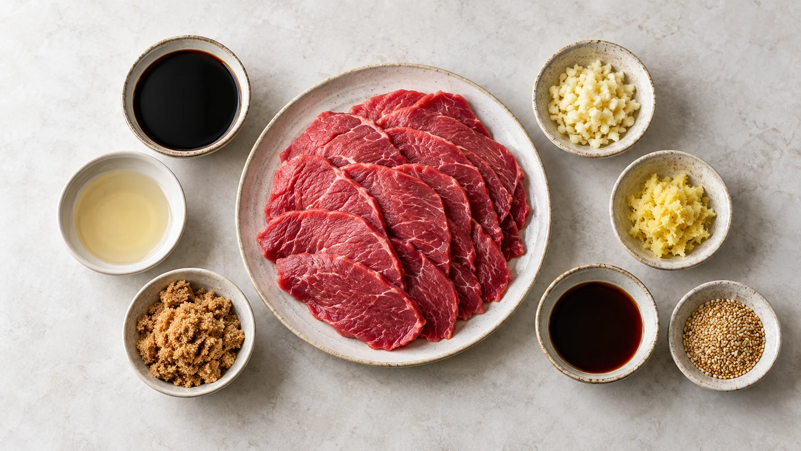 Teriyaki beef jerky recipe: teriyaki beef jerky ingredients arranged with sliced beef, sauces, sugar, garlic, ginger, and sesame seeds.