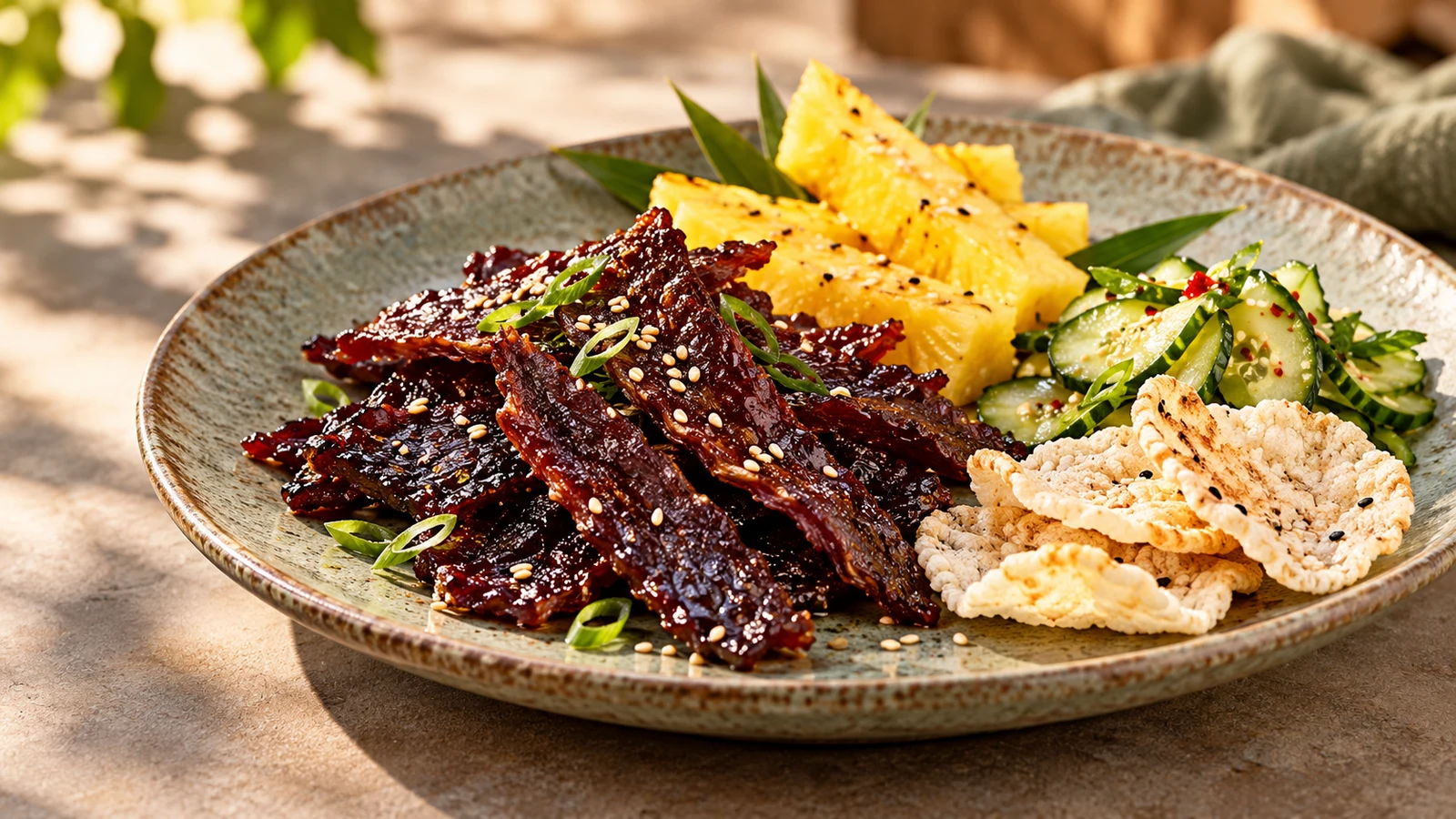 Teriyaki beef jerky served with scallions, sesame seeds, pineapple, cucumber salad, and rice crackers.