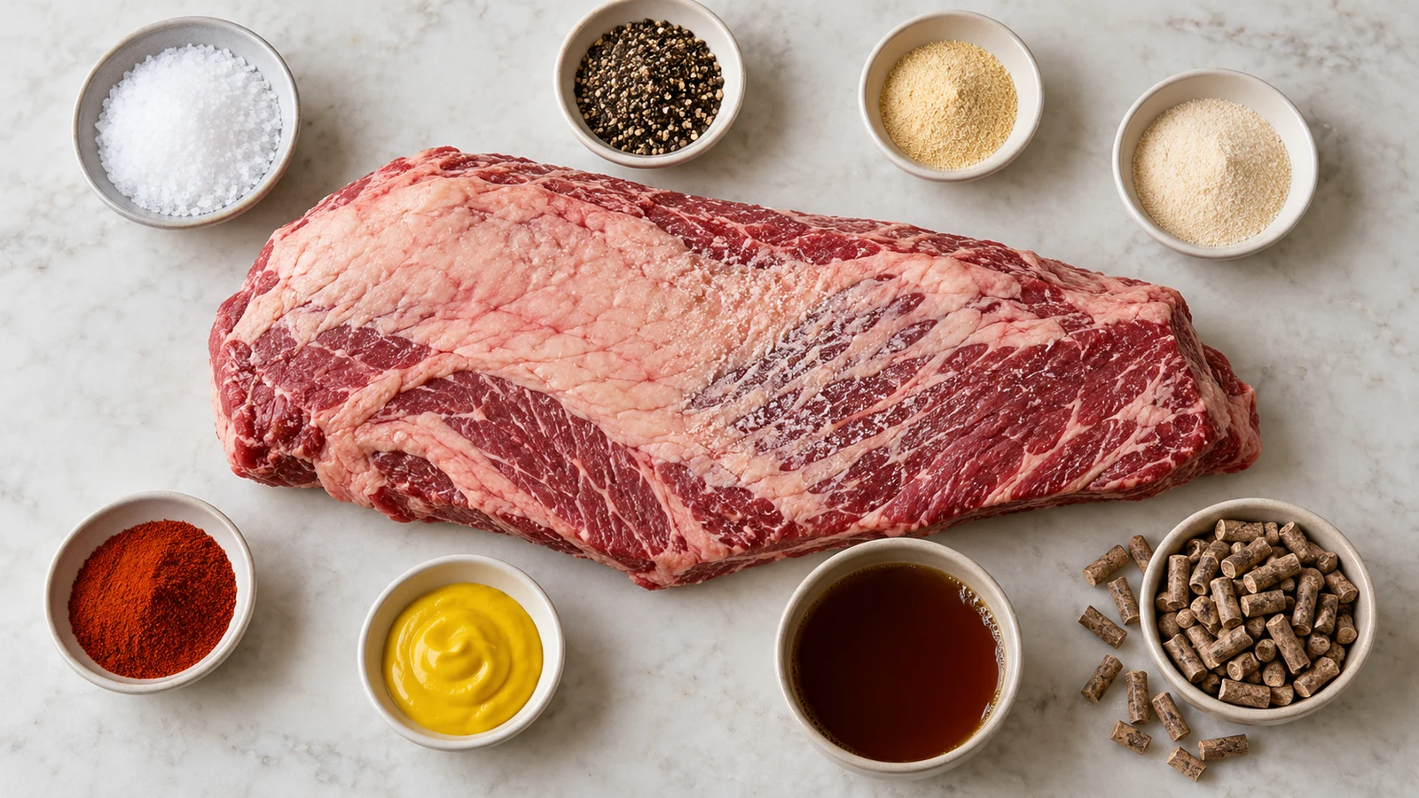 Traeger beef brisket recipe: ingredients for Traeger beef brisket arranged in a bright, organized overhead flat lay.