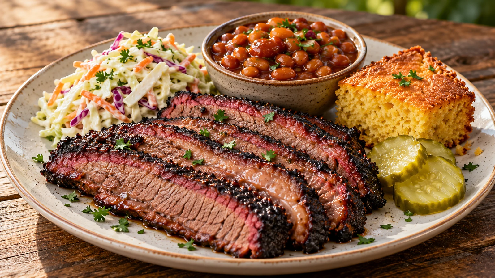 Traeger beef brisket served with coleslaw, baked beans, pickles, cornbread, and parsley.
