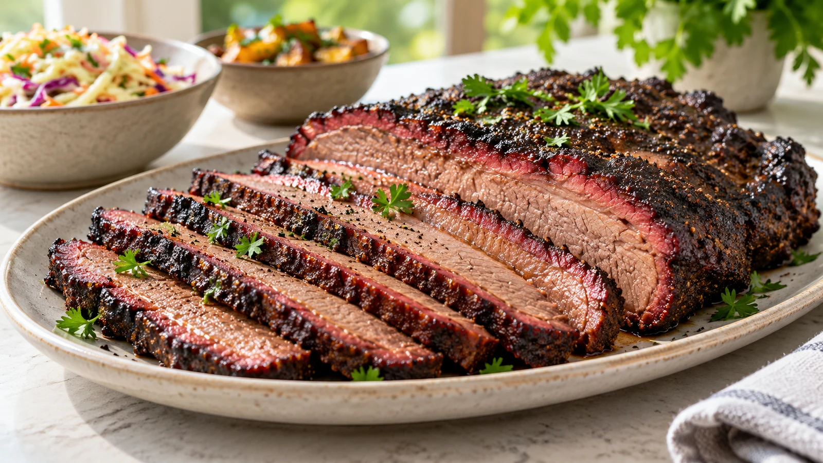 Sliced Traeger beef brisket with dark bark, a rosy smoke ring, and chopped parsley on a modern platter.