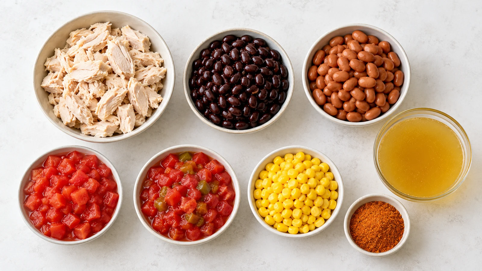 7 can taco soup recipe: ingredients for 7 can taco soup arranged with chicken, beans, tomatoes, corn, broth, and taco seasoning.